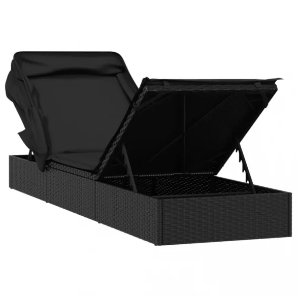 fekete polyrattan napozóágy összecsukható tetővel 213x63x97 cm