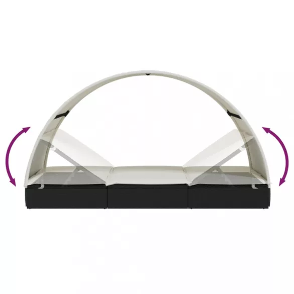 2 személyes fekete polyrattan napágy kerek tetővel 213x118x97cm
