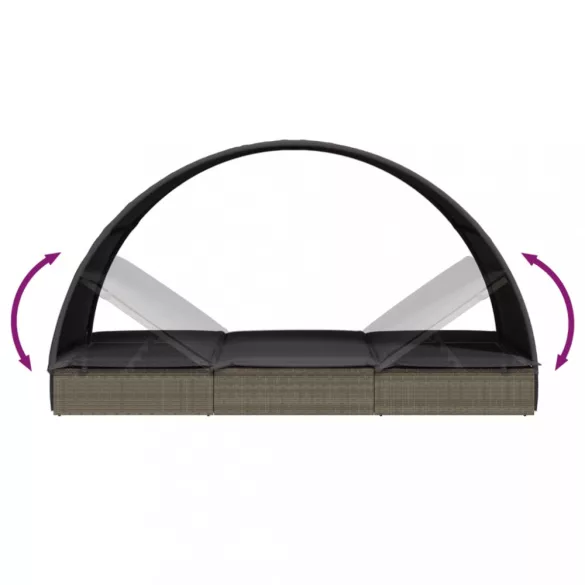 2 személyes szürke polyrattan napágy kerek tetővel 211x112x140