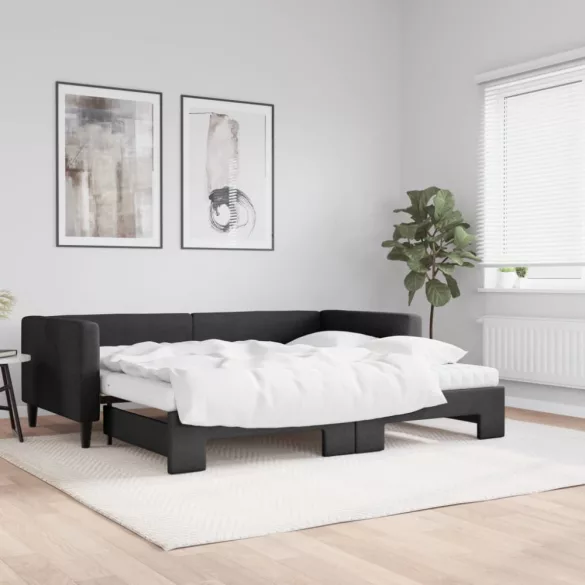 fekete kihúzható szövet heverő matracokkal 90 x 200 cm