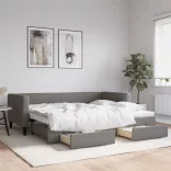 sötétszürke kihúzható szövet heverő fiókokkal 90 x 200 cm
