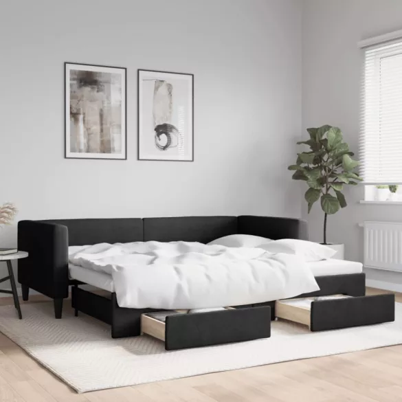fekete kihúzható szövet heverő fiókokkal 90 x 200 cm