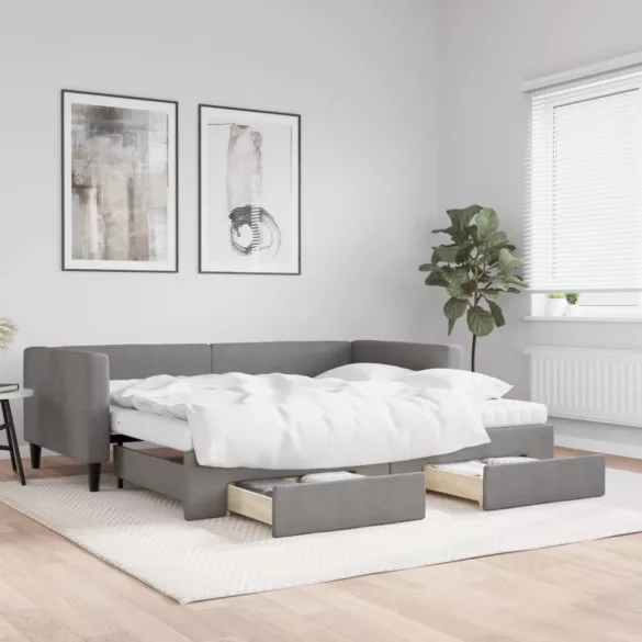 sötétszürke kihúzható szövet heverő fiókokkal 90 x 200 cm