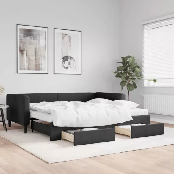 fekete kihúzható szövet heverő fiókkal 90 x 190 cm