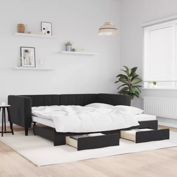 fekete kihúzható bársony heverő fiókkal 100 x 200 cm