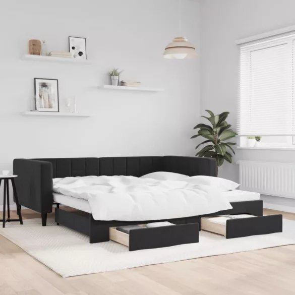 fekete kihúzható bársony heverő fiókkal 90 x 190 cm