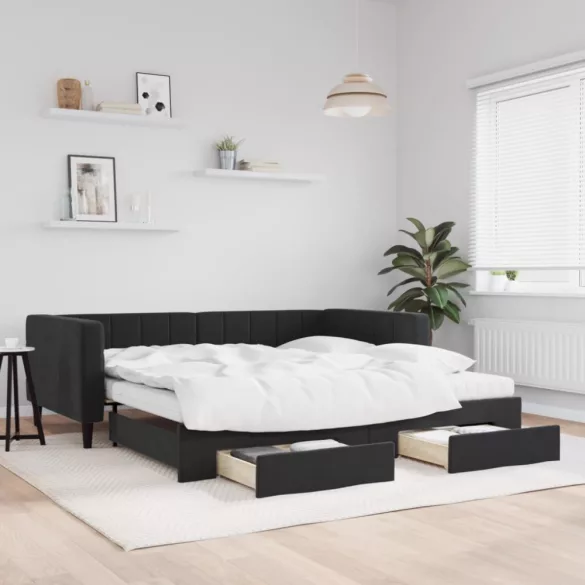 fekete kihúzható bársony heverő fiókkal 100 x 200 cm