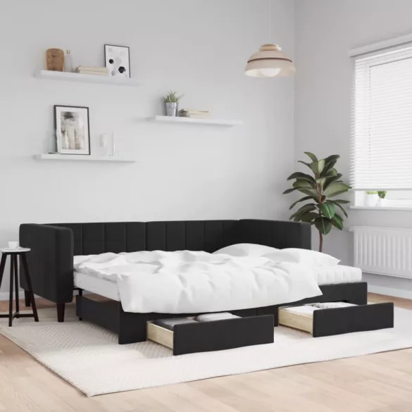 fekete kihúzható bársony heverő fiókkal 90 x 190 cm
