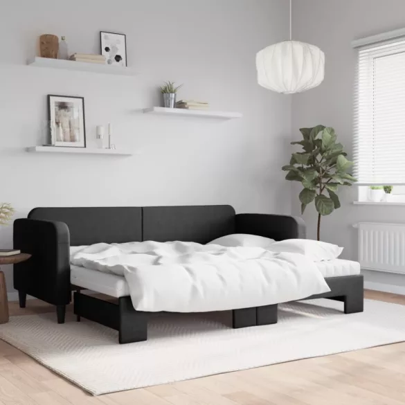 fekete kihúzható szövet heverő matracokkal 80 x 200 cm