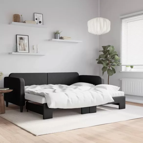 fekete kihúzható szövet heverő matracokkal 90 x 200 cm