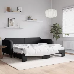fekete kihúzható szövet heverő matracokkal 90 x 190 cm