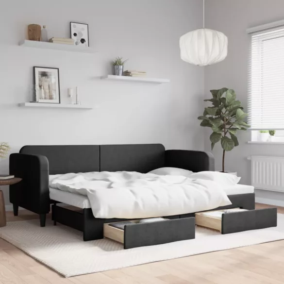 fekete kihúzható szövet heverő fiókokkal 80 x 200 cm