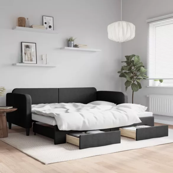 fekete kihúzható szövet heverő fiókokkal 90 x 200 cm