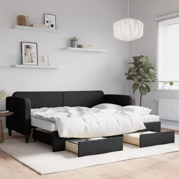 fekete kihúzható szövet heverő fiókokkal 80 x 200 cm