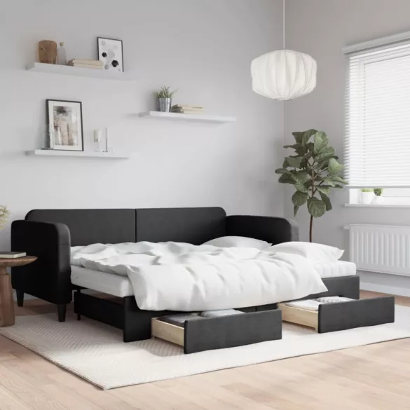 fekete kihúzható szövet heverő fiókokkal 90 x 200 cm