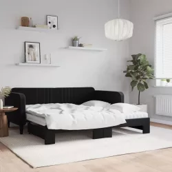 fekete kihúzható bársony heverő matracokkal 90 x 190 cm