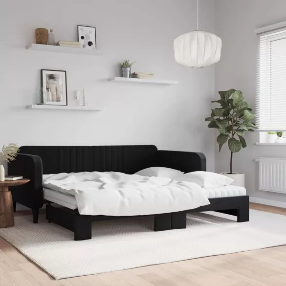 fekete kihúzható bársony heverő matracokkal 90 x 190 cm
