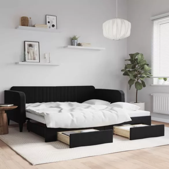 fekete kihúzható bársony heverő fiókkal 100 x 200 cm