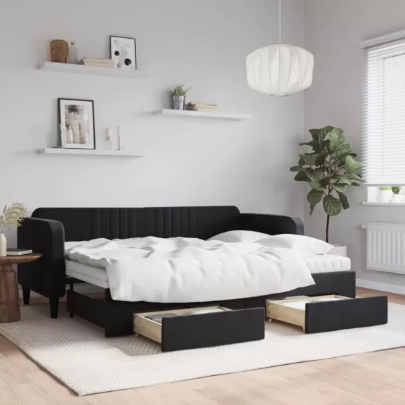 fekete kihúzható bársony heverő fiókkal 80 x 200 cm