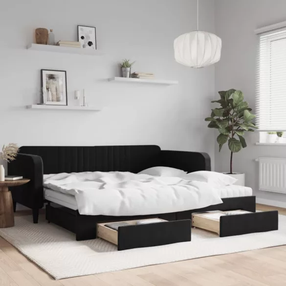 fekete kihúzható bársony heverő fiókkal 100 x 200 cm