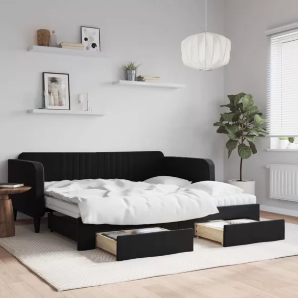 fekete kihúzható bársony heverő fiókkal 90 x 190 cm