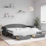 sötétszürke kihúzható szövet heverő fiókokkal 90 x 200 cm
