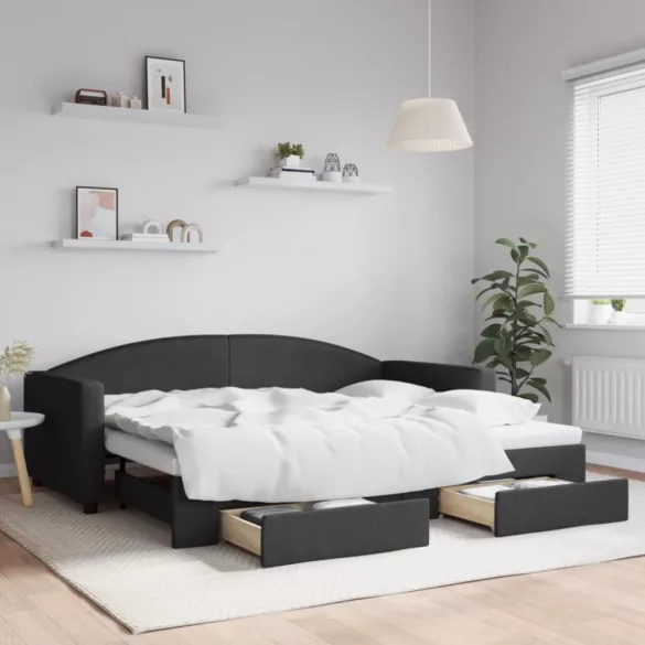 fekete kihúzható szövet heverő fiókokkal 90 x 200 cm