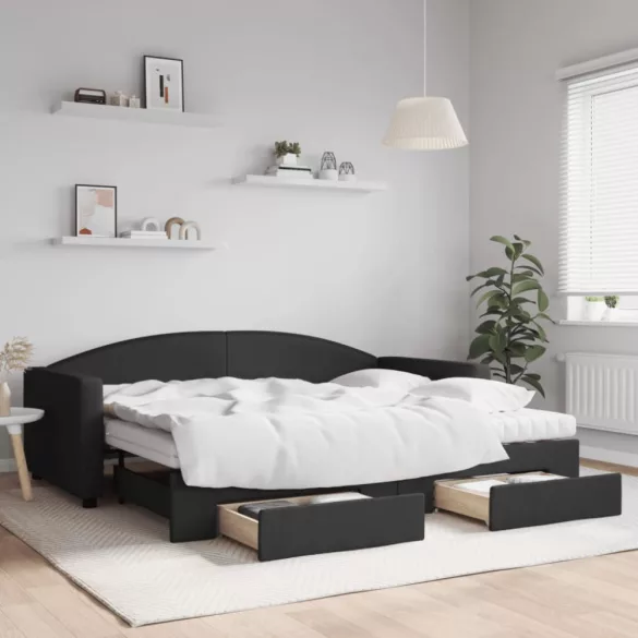 fekete kihúzható szövet heverő fiókokkal 90 x 200 cm