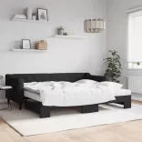 fekete kihúzható szövet heverő matracokkal 90 x 200 cm