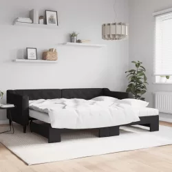 fekete kihúzható szövet heverő matracokkal 90 x 200 cm