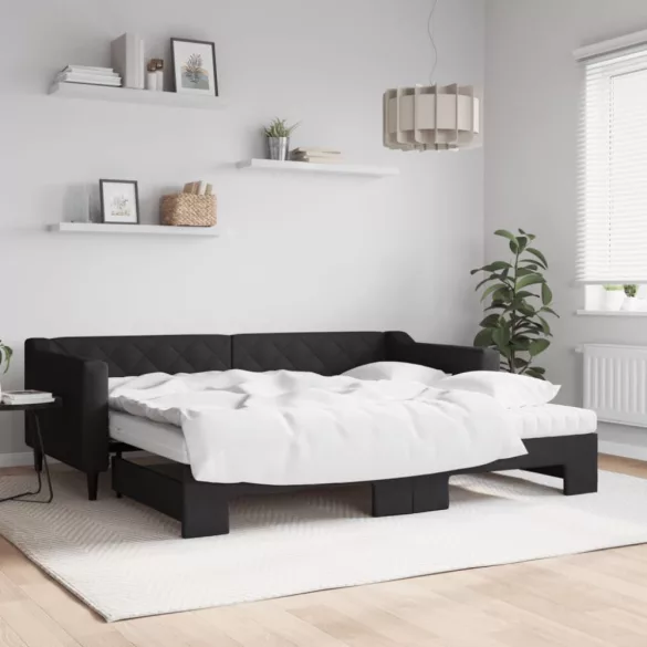 fekete kihúzható szövet heverő matracokkal 90 x 200 cm