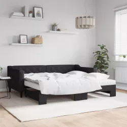 fekete kihúzható szövet heverő matracokkal 90 x 190 cm