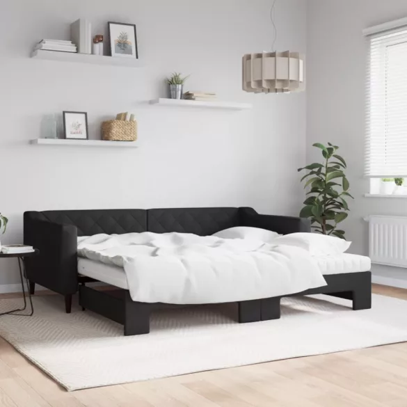 fekete kihúzható szövet heverő matracokkal 90 x 190 cm