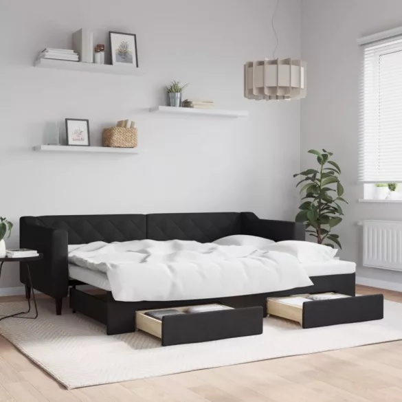 fekete kihúzható szövet heverő fiókokkal 80 x 200 cm