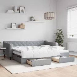   világosszürke kihúzható szövet heverő fiókokkal 90 x 200 cm