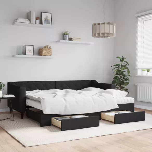 fekete kihúzható szövet heverő fiókokkal 80 x 200 cm