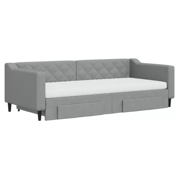 világosszürke kihúzható szövet heverő fiókokkal 90 x 200 cm