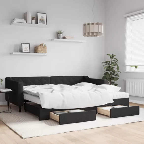 fekete kihúzható szövet heverő fiókokkal 90 x 200 cm