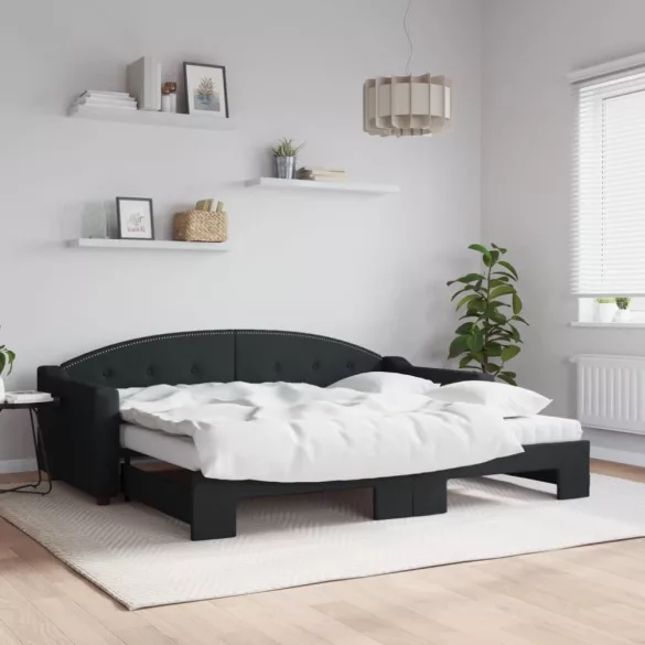 fekete kihúzható szövet heverő matracokkal 90 x 200 cm