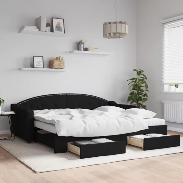 fekete kihúzható szövet heverő fiókokkal 90 x 200 cm