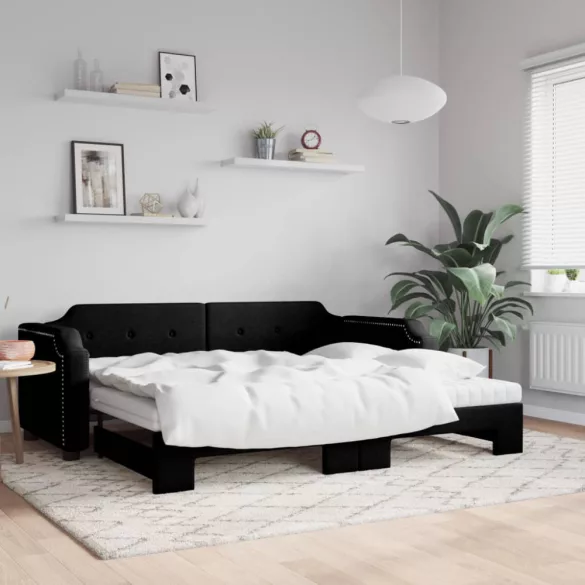 fekete kihúzható szövet heverő matracokkal 80 x 200 cm