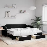 fekete kihúzható szövet heverő fiókokkal 90 x 200 cm