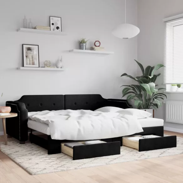 fekete kihúzható szövet heverő fiókokkal 90 x 200 cm