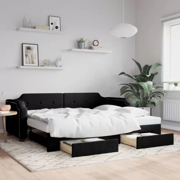 fekete kihúzható szövet heverő fiókkal 90 x 190 cm