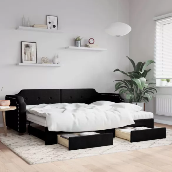 fekete kihúzható szövet heverő fiókokkal 80 x 200 cm