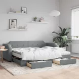 világosszürke kihúzható szövet heverő fiókokkal 90 x 200 cm