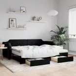fekete kihúzható szövet heverő fiókkal 90 x 190 cm