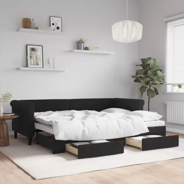 fekete kihúzható bársony heverő fiókkal 80 x 200 cm