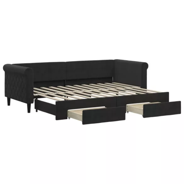 fekete kihúzható bársony heverő fiókkal 80 x 200 cm