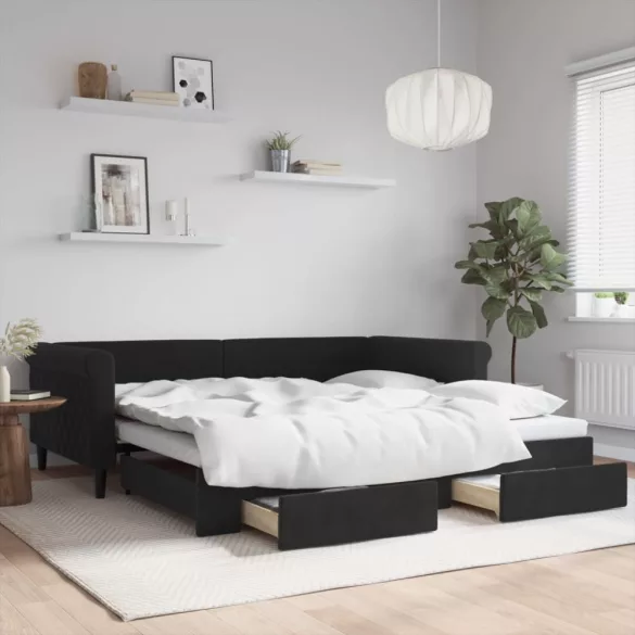 fekete kihúzható bársony heverő fiókkal 100 x 200 cm